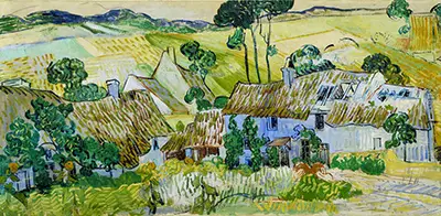 Strohgedeckte Häuser vor einem Hügel Vincent van Gogh